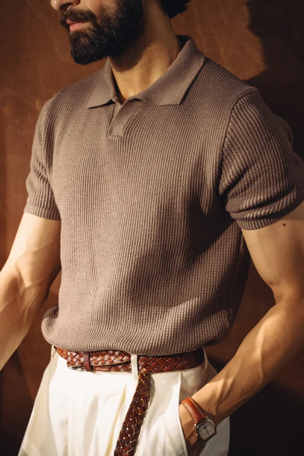Textured Knitted Polo - Light Olive - Image 4