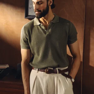 Textured Knitted Polo - Light Olive