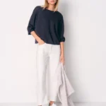 Linen Cotton Slash Neck Batwing Jumper - Dark Blue